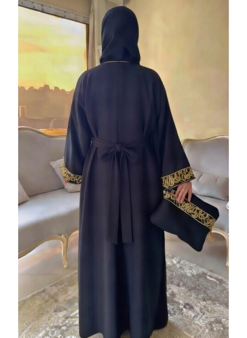 Luxurious women's Cardigan abaya with a gold embroidered Islamic pattern — a sophisticated and elegant design for special occasions and luxurious looks + belt and bag included as a gift. Add a touch of glamour and sophistication to your look. Code 4039 - Image 3